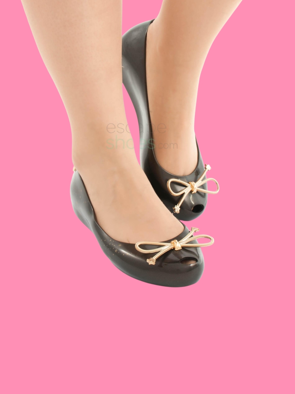 Melissa Black Peep-Toe Flats with Gold Bow Accent